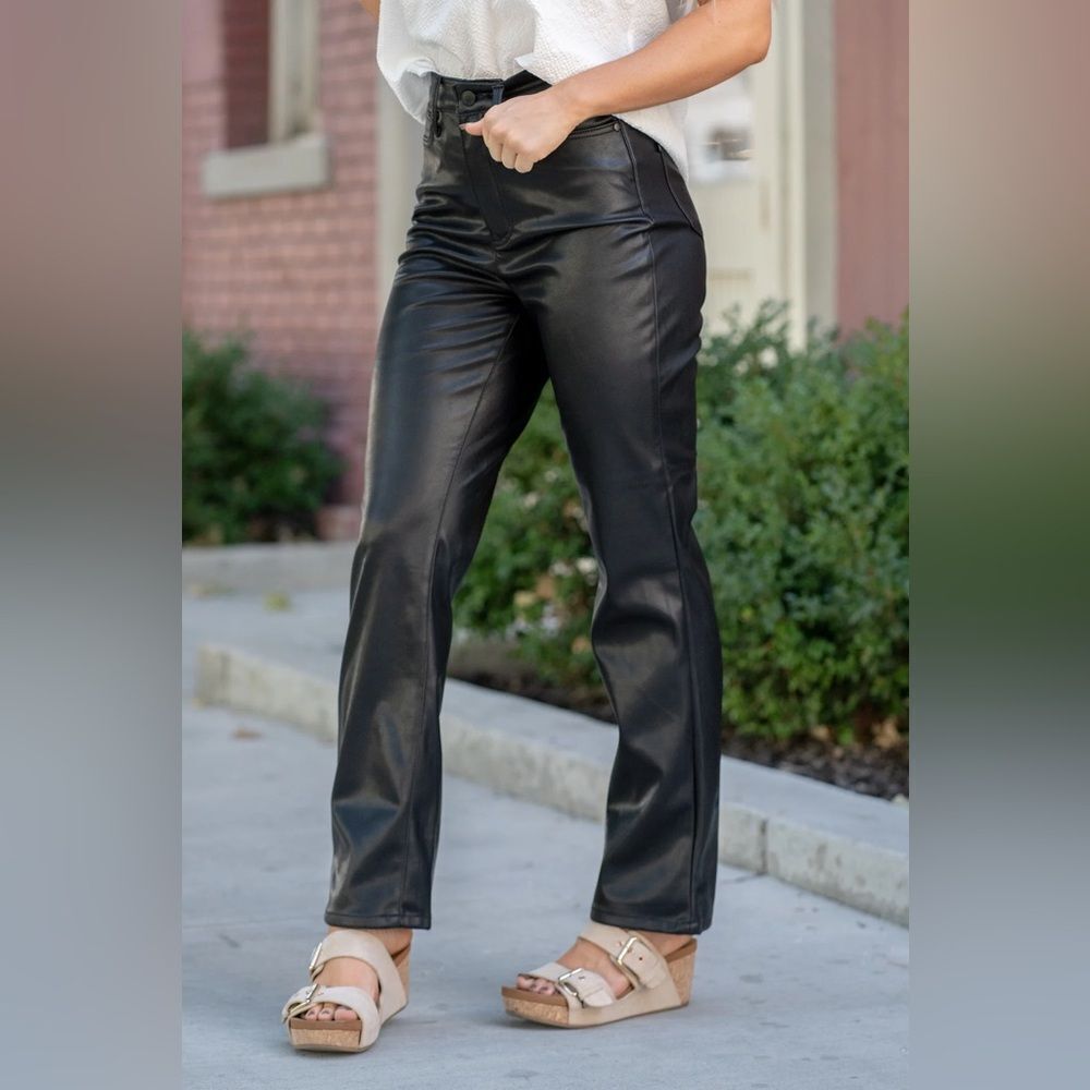 NWT Judy Blue Faux Leather High Rise Straight Pants Jeans Rocker Grunge Punk - Picture 10 of 12